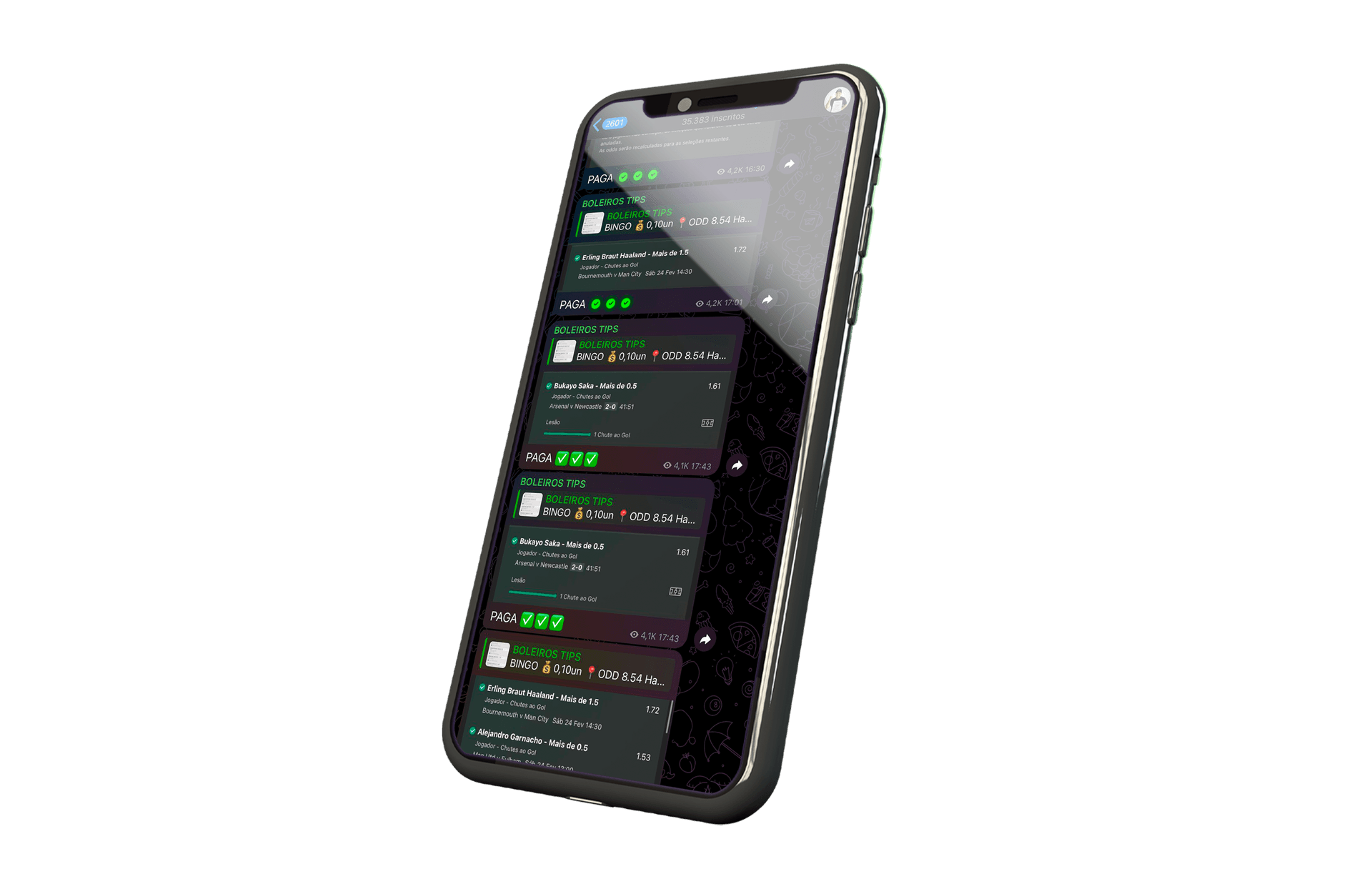 Celular mostrando o grupo Boleiros 3.0 no Telegram